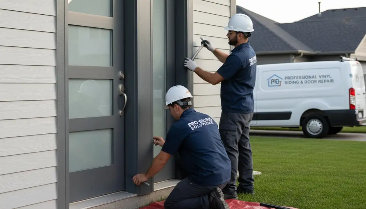 Technician repairing exterior door frame on vinyl-sided home in Shreveport, LA