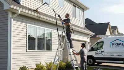 Technician cleaning vinyl siding and gutters on a Shreveport LA home exterior