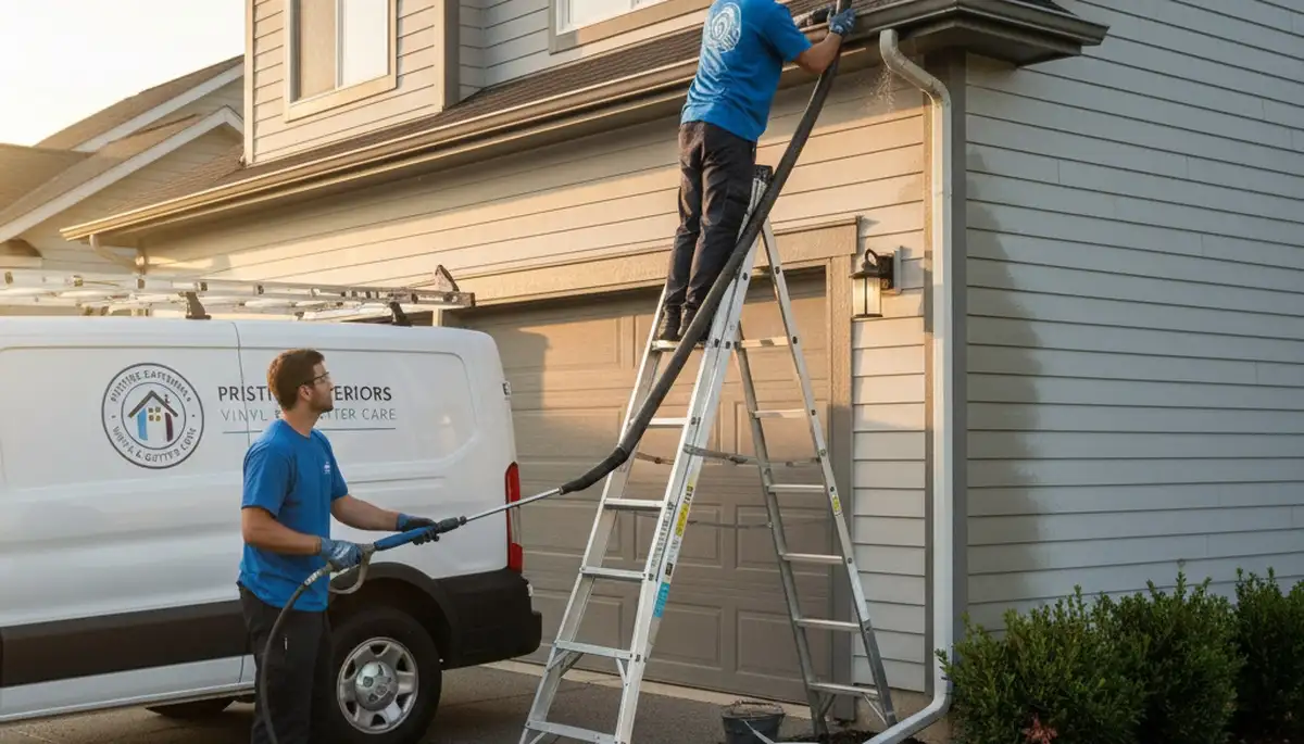Technician cleaning vinyl siding and gutters on a Shreveport LA home exterior