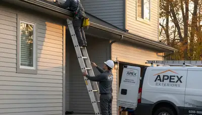 Technician performing gutter inspection on vinyl siding home in Shreveport, LA