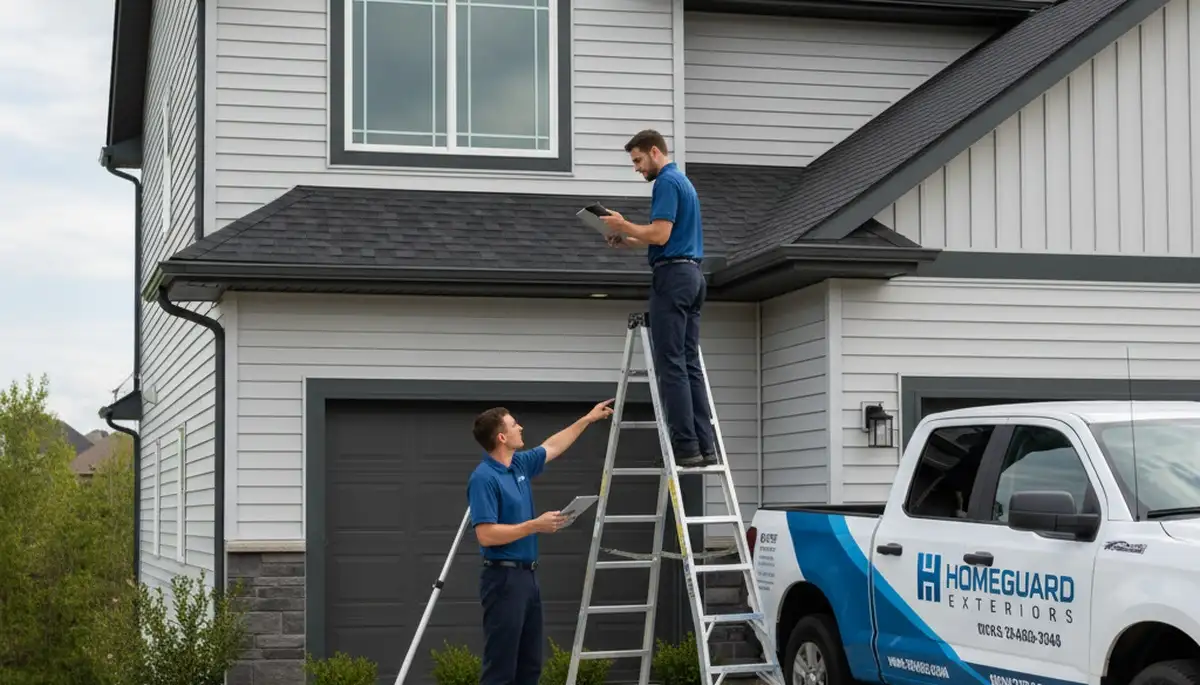 Technician performing gutter inspection on vinyl siding home in Shreveport, LA