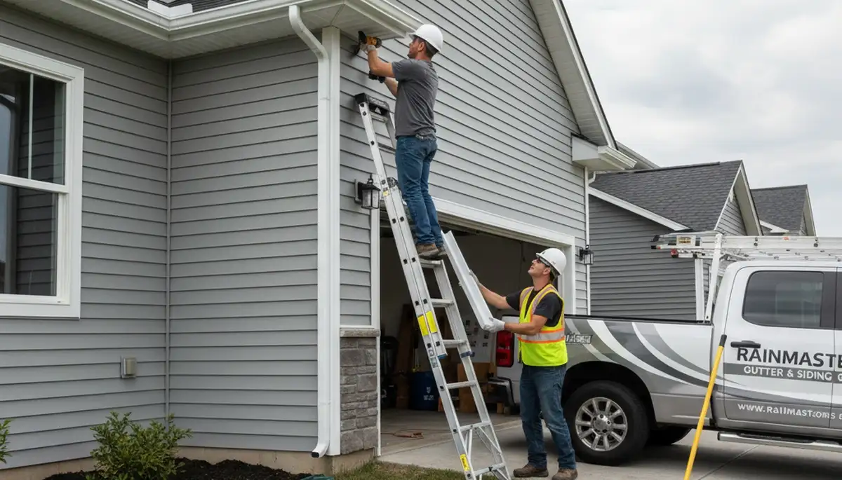 Technician repairing home gutters and vinyl siding in Shreveport, LA for Next Level Exteriors