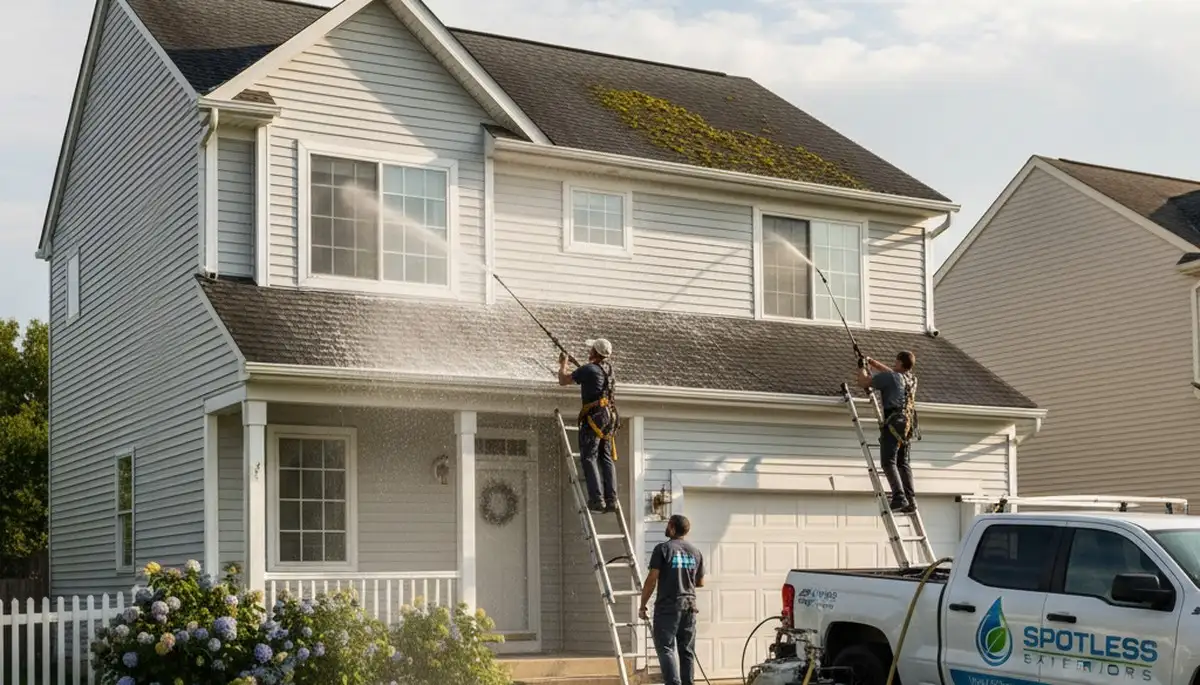Professional roof cleaning service in Shreveport, LA by Next Level Exteriors removing moss and debris
