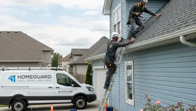 Roof inspector checking Shreveport LA home vinyl siding and roof for storm damage