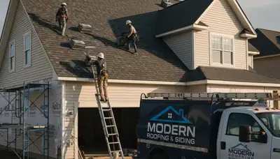 Roof installation crew working on a home exterior with vinyl siding in Shreveport, Louisiana