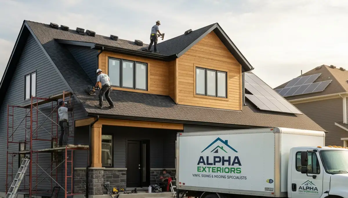 Vinyl siding and roof repair experts working on home exterior in Shreveport, LA