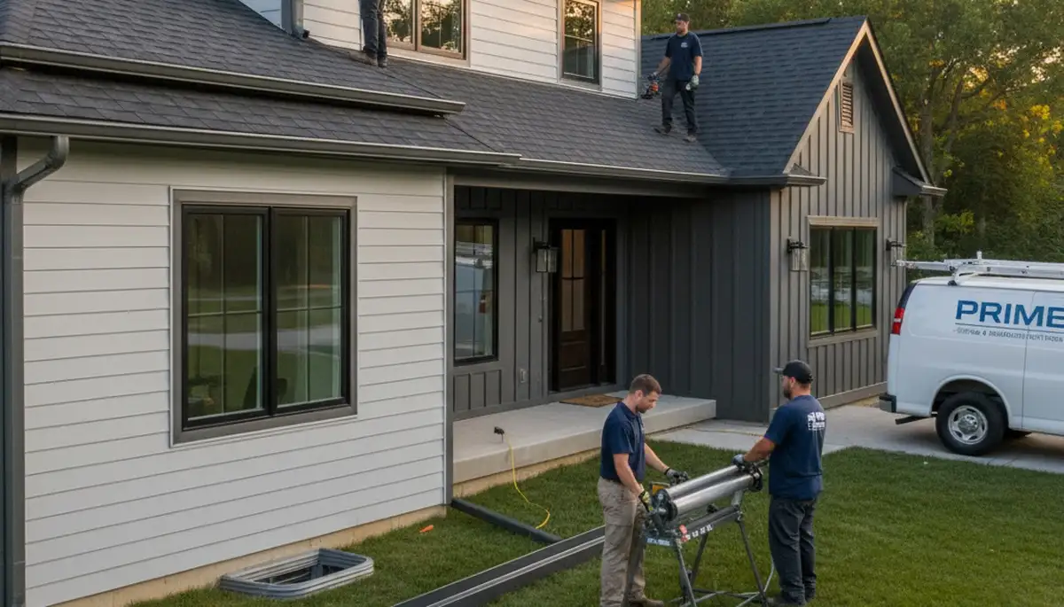 Technician installing seamless gutters on vinyl siding home in Shreveport, LA