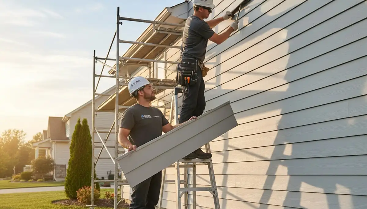 Technician repairing damaged vinyl siding on Shreveport LA home exterior by Next Level Exteriors