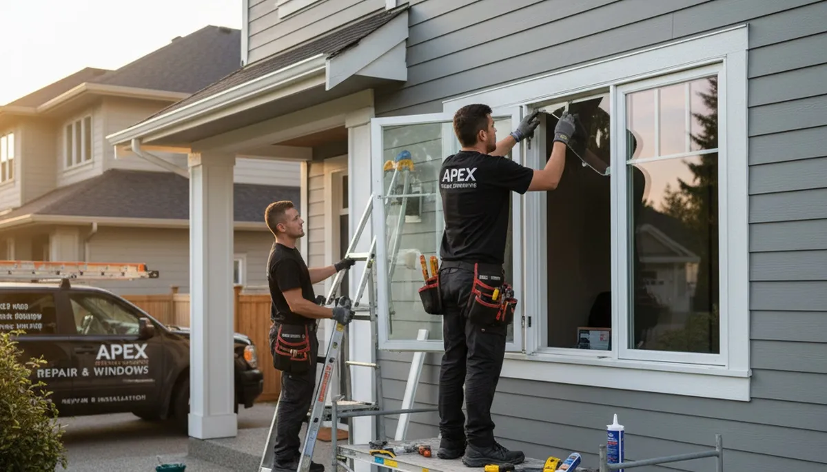 Technician repairing vinyl window frame in Shreveport LA home by Next Level Exteriors