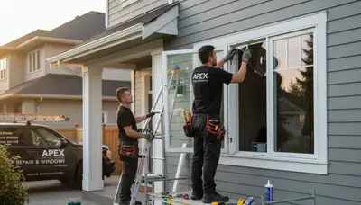 Technician repairing vinyl window frame in Shreveport LA home by Next Level Exteriors