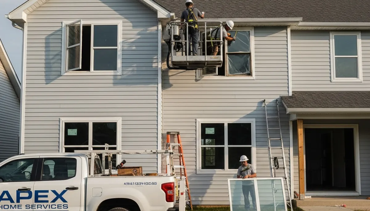 Technician repairing vinyl siding and windows at a Shreveport LA home exterior