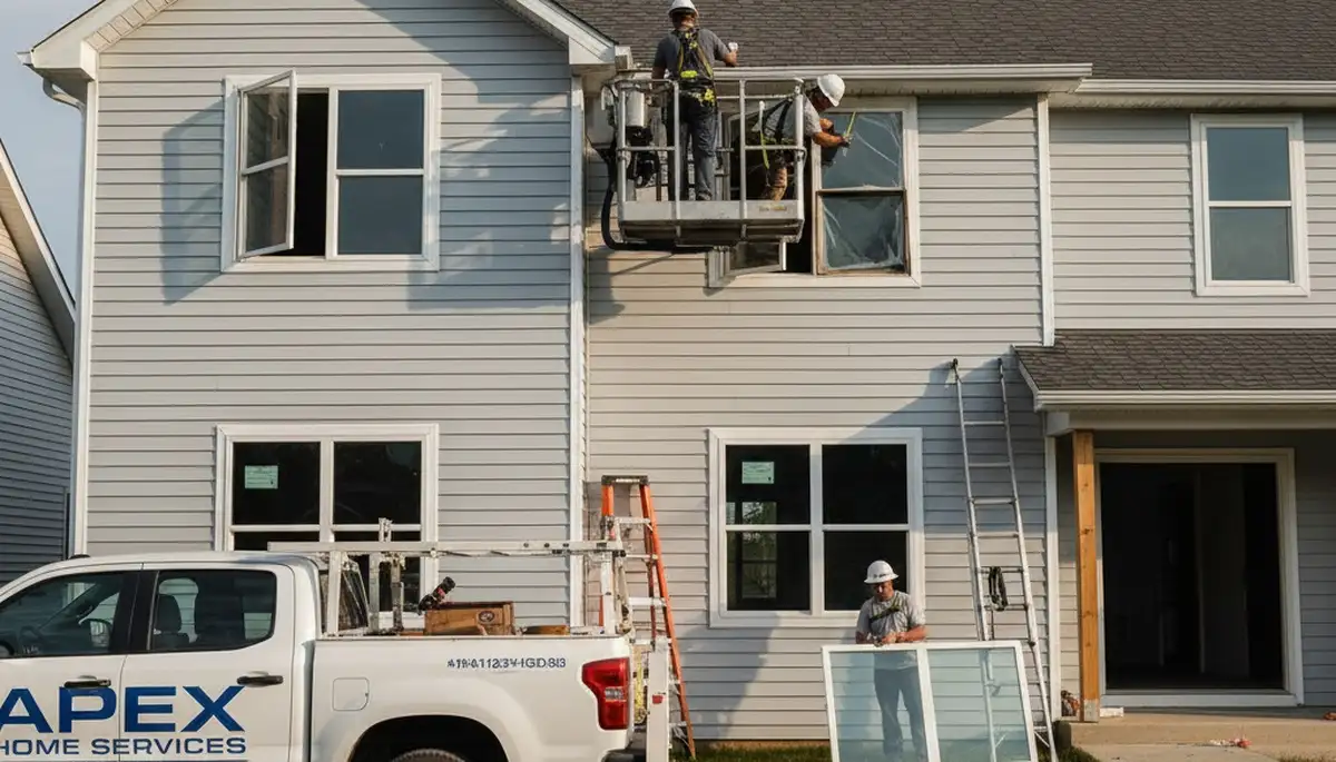 Technician repairing vinyl siding and windows at a Shreveport LA home exterior