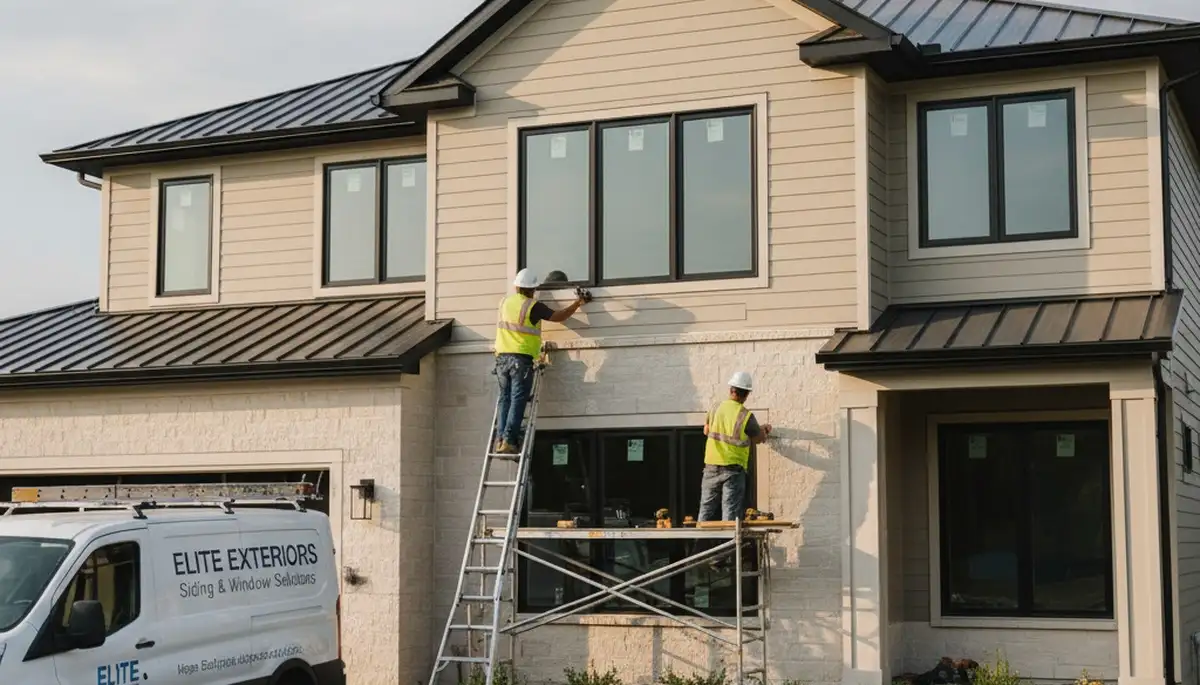 Technician installing energy-efficient replacement windows in Shreveport, LA home exterior